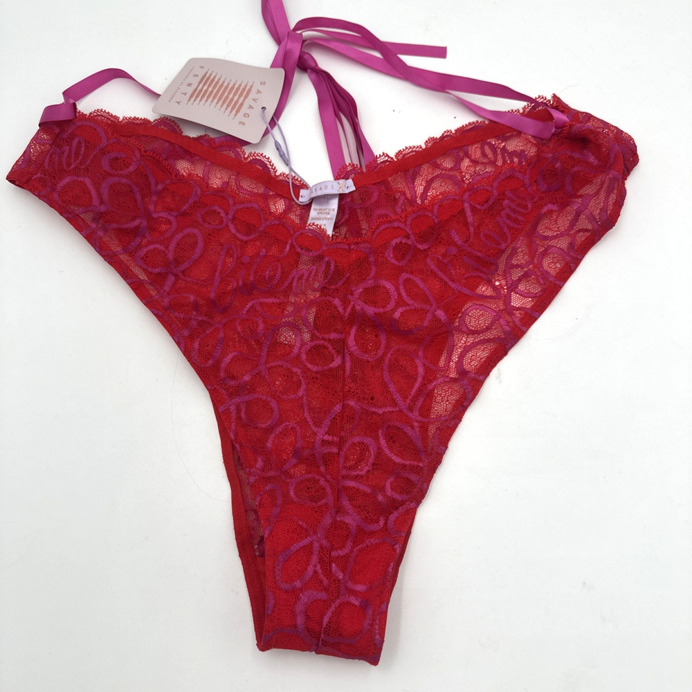 Savage X Fenty Panties Cheeky Panty Red Lace Pink Bows Lace Up Strappy 1X Plus